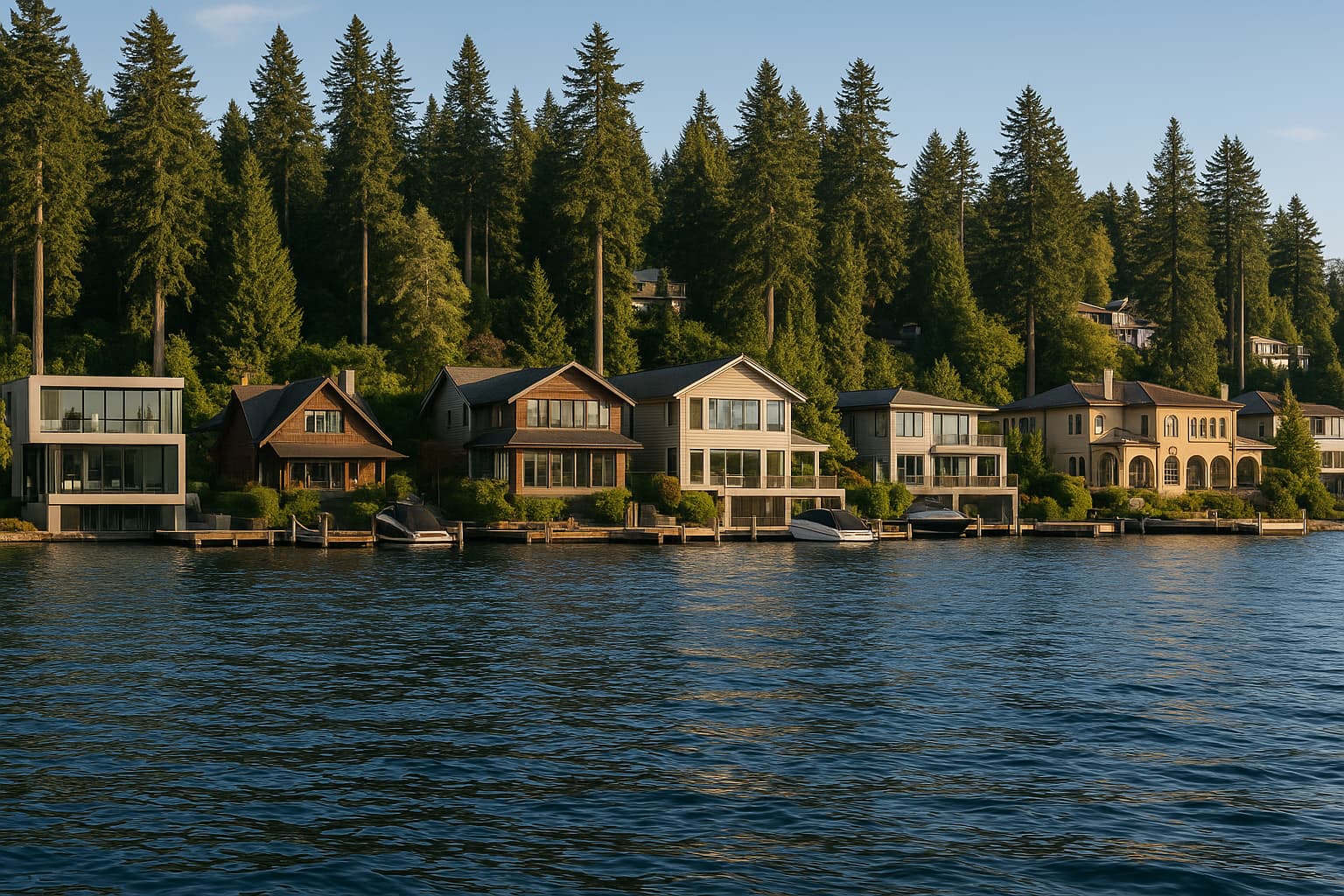 Mercer Island waterfront neighborhood with luxury lakefront homes docks and Seattle skyline across Lake Washington
