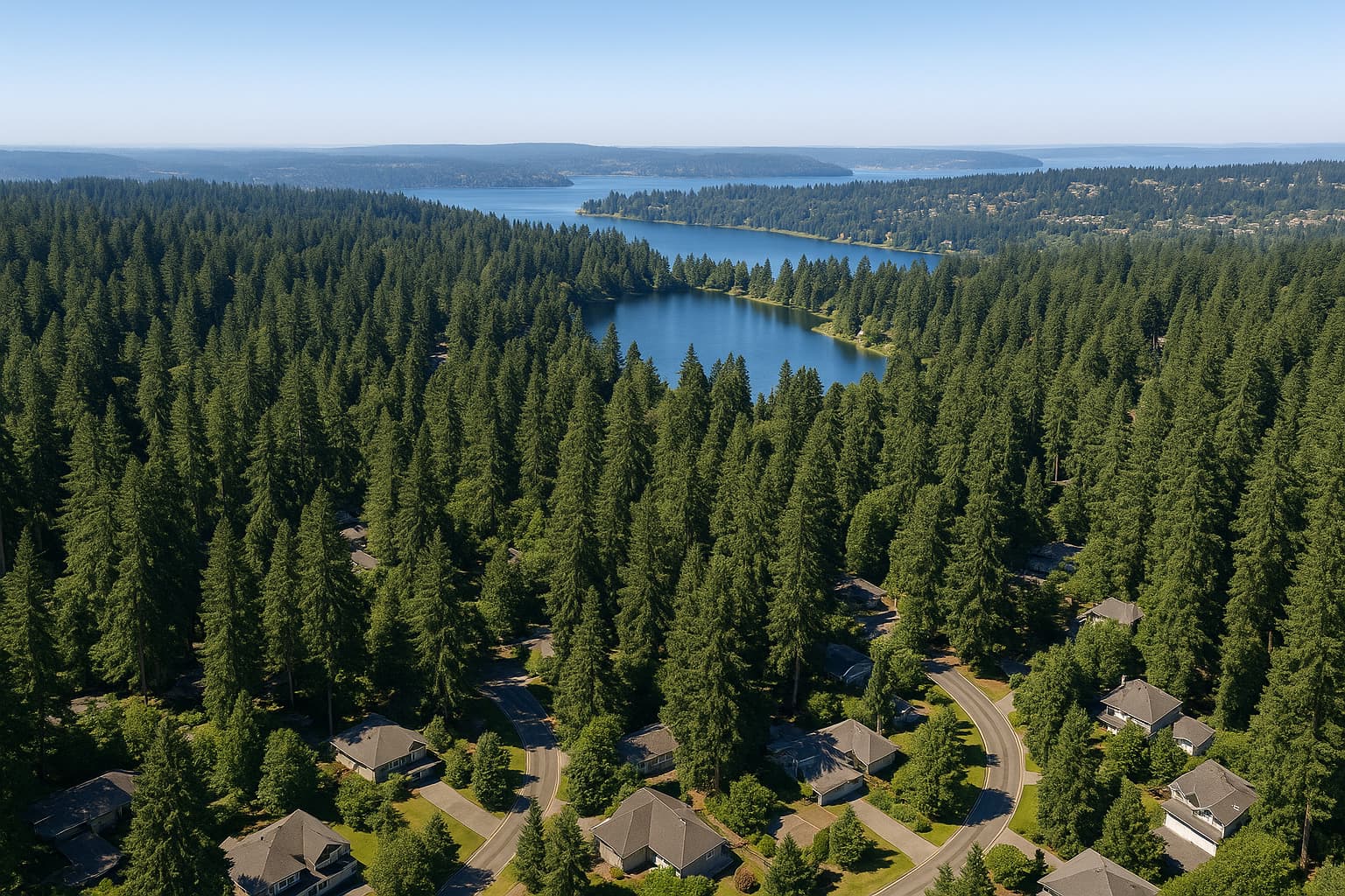 Bear Lake neighborhood in Sammamish Washington with lakefront homes and evergreen trees